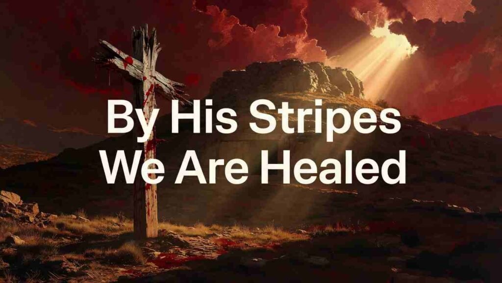 Dark dramatic scene of a Roman scourging post at Calvary with deep crimson light and bold text overlay reading "By His Stripes We Are Healed